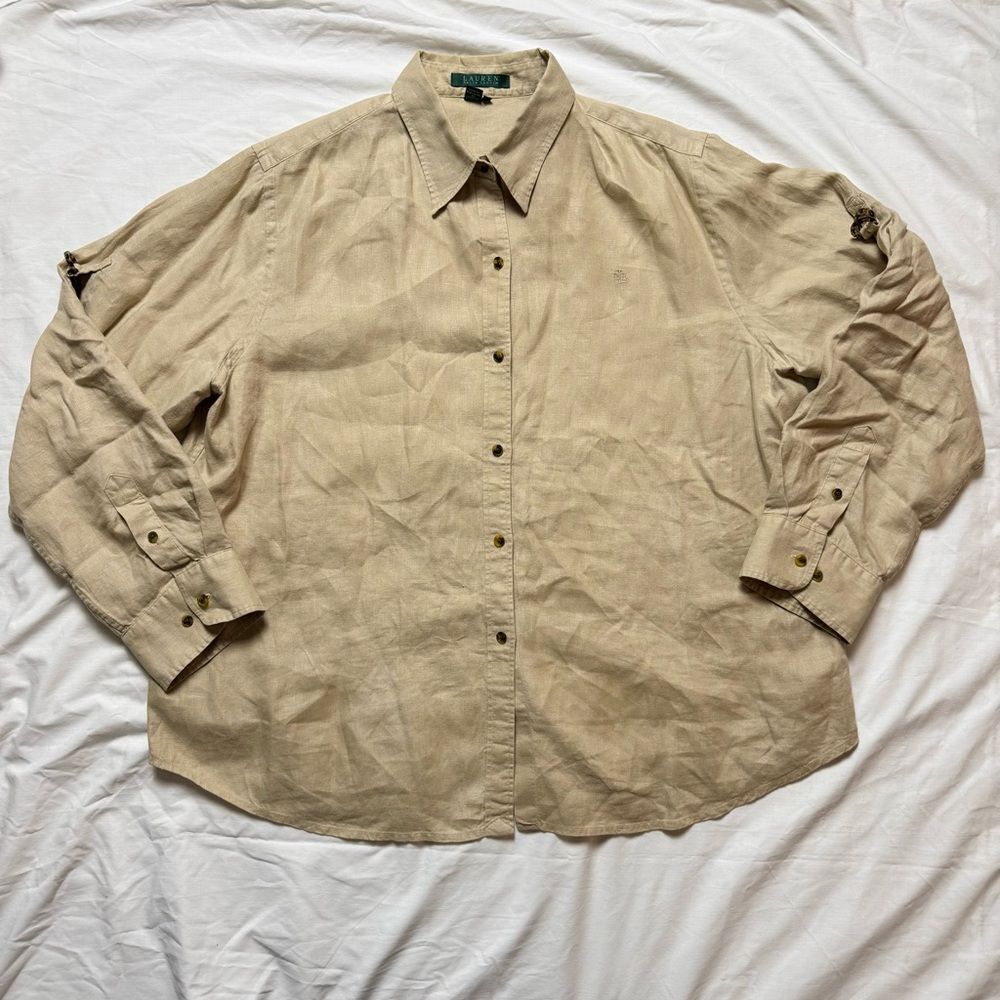 RALPH LAUREN Women’s 100% Linen Roll Tab Long Sleeve Button Down Shirt Tan XL - Picture 4 of 12